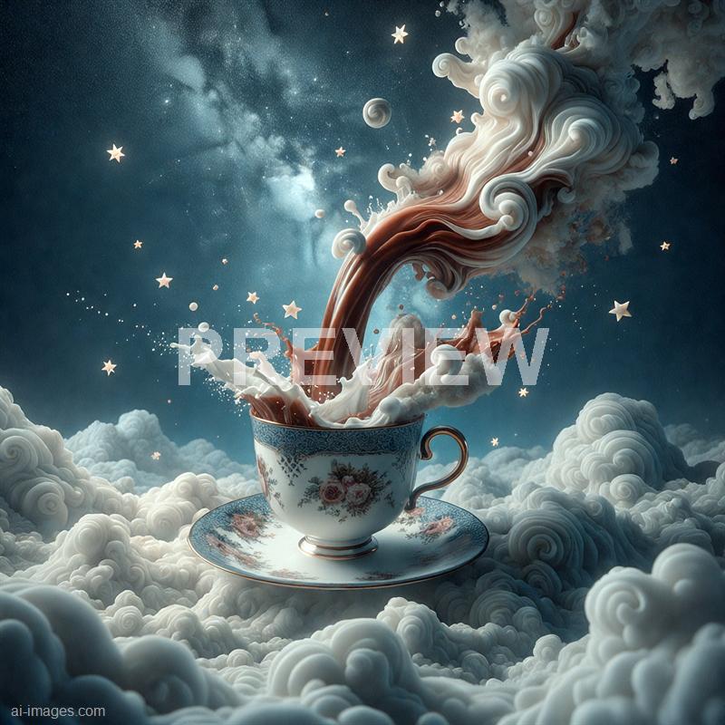 The image depicts a surreal scene where a teacup with floral patterns is floating among fluffy clouds in a starry night sky. A stream of liquid, resembling a mixture of coffee and milk, is pouring out of the cup and swirling upward, blending seamlessly with the clouds and starry background, creating an imaginative and dreamlike atmosphere.